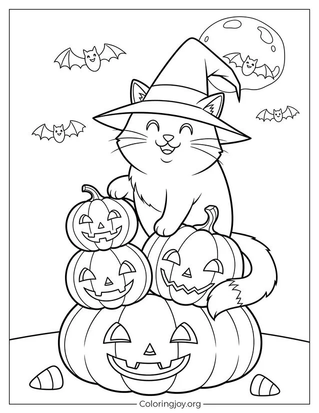 Gato feliz sobre una pila de calabazas Diversión para colorear de Halloween