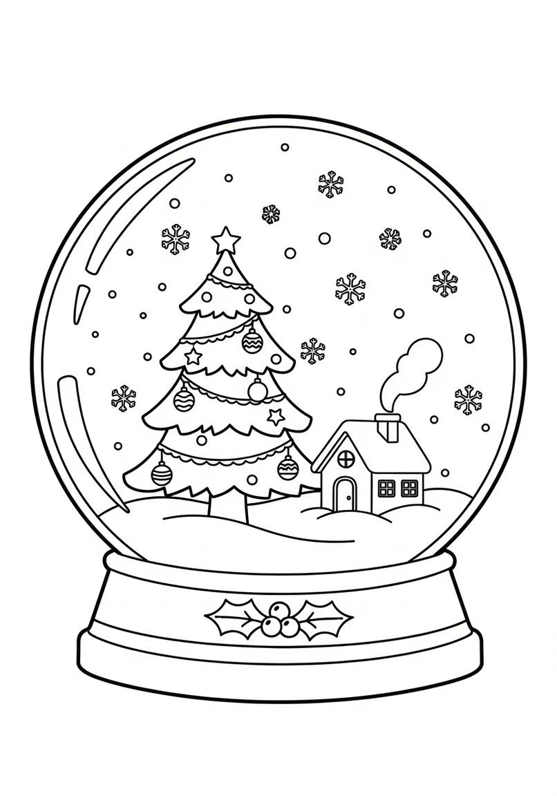 Página para colorear de globo de nieve navideño con árbol y cabaña