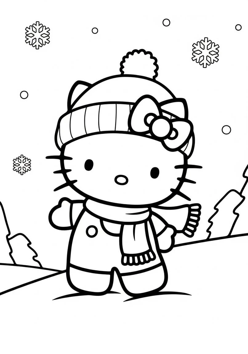 Página divertida para colorear de Hello Kitty Snow Day