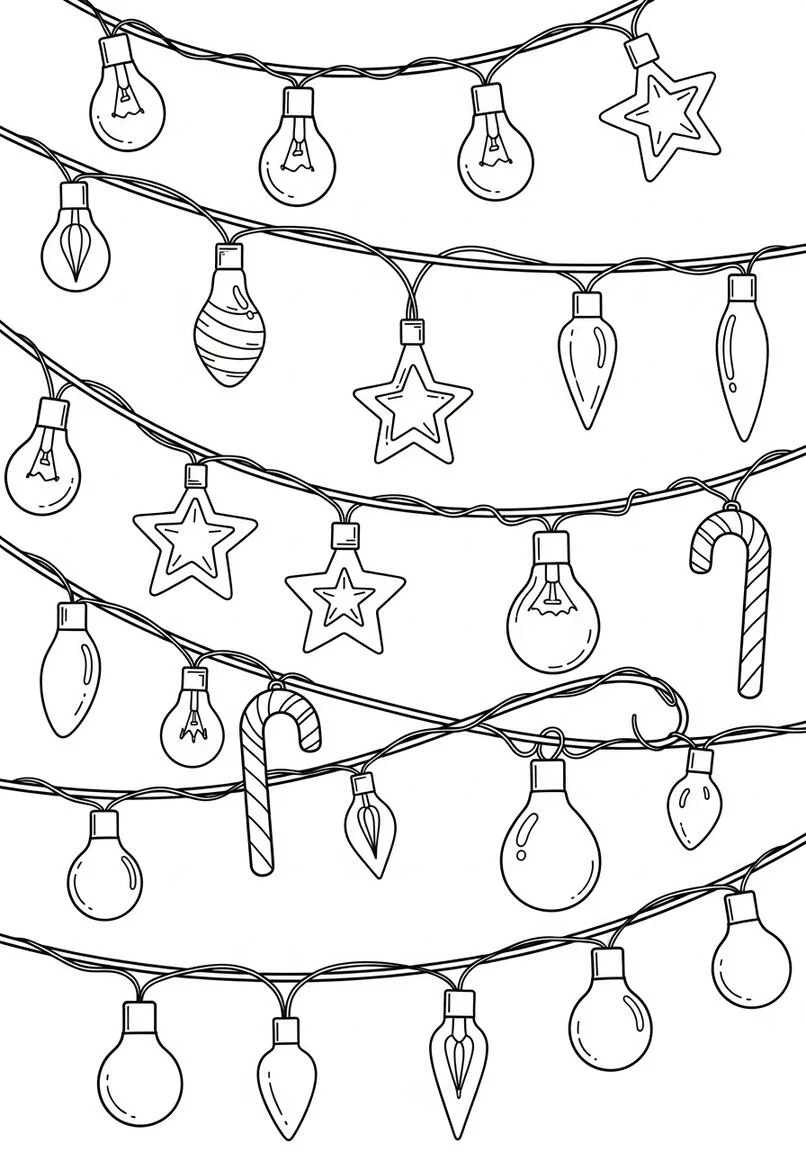 Página para colorear intrincadas luces navideñas y bombillas de bastón de caramelo
