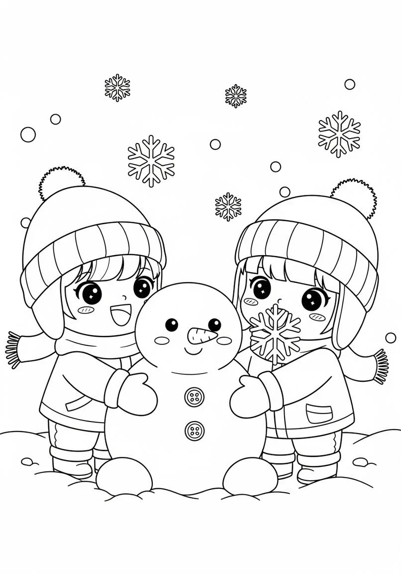 Página para colorear Kawaii Happy Snow Day, niños y muñeco de nieve