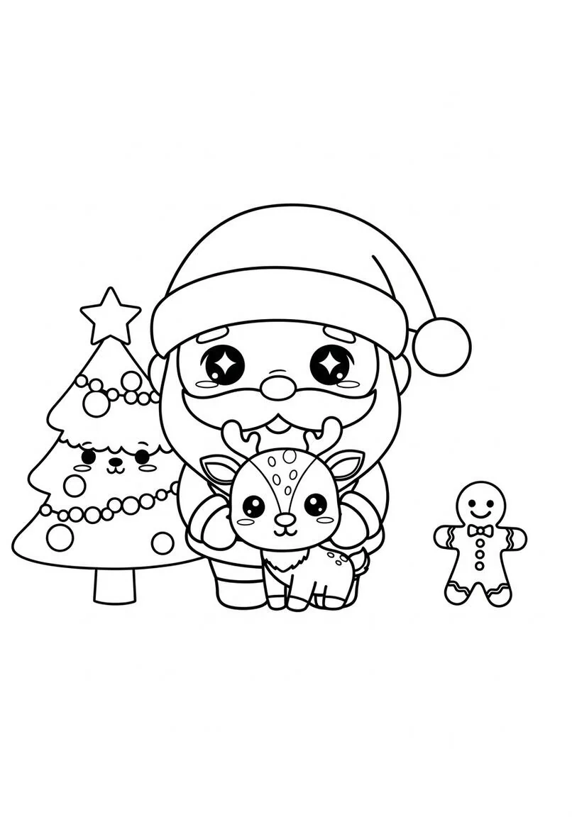 Página para colorear Kawaii de Papá Noel, reno, árbol de Navidad y hombre de jengibre
