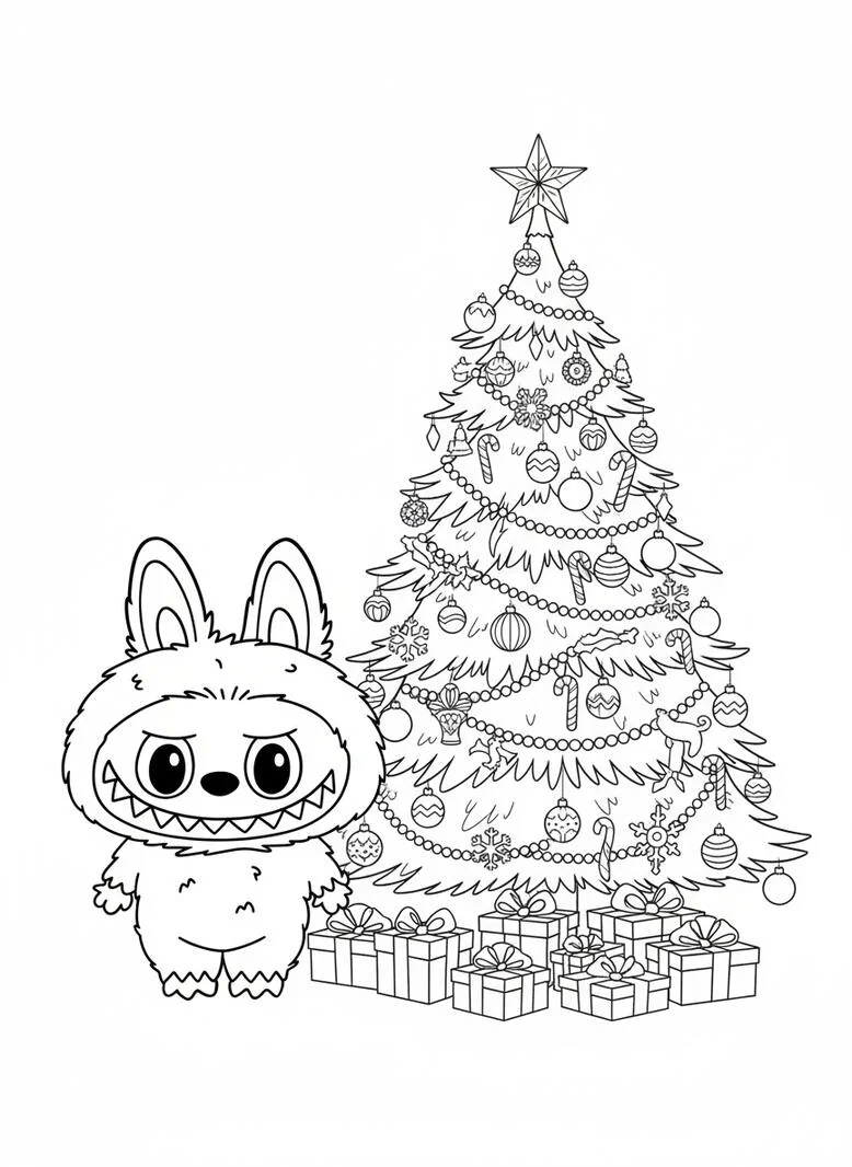 Labubu página para colorear árbol de navidad