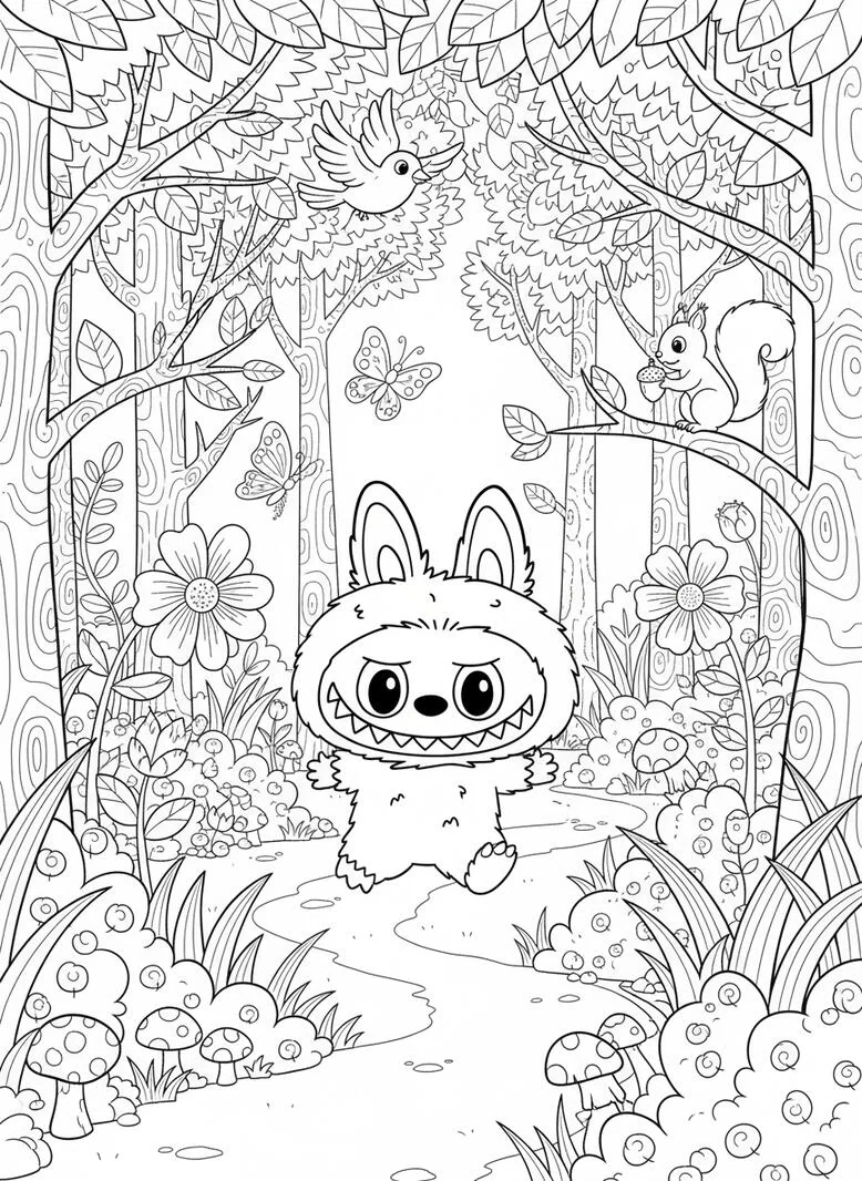 Labubu página para colorear bosque