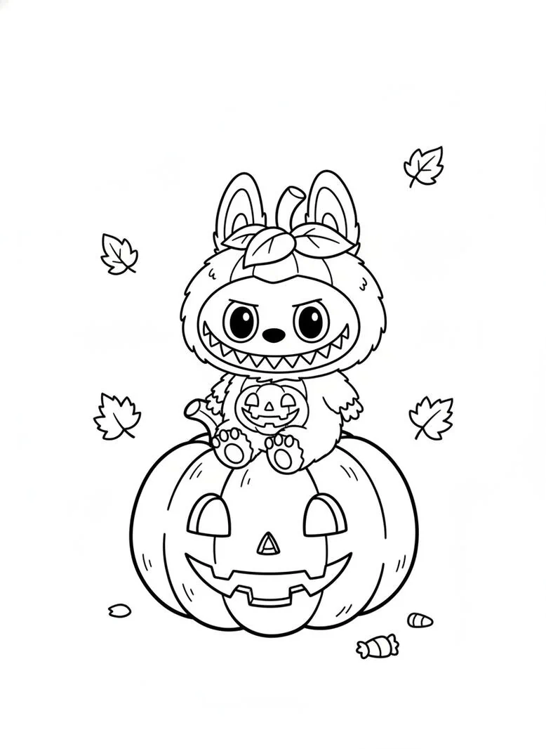 Labubu página para colorear de calabaza