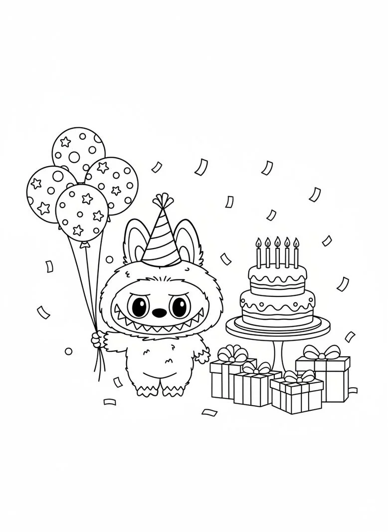 Labubu página para colorear de cumpleaños