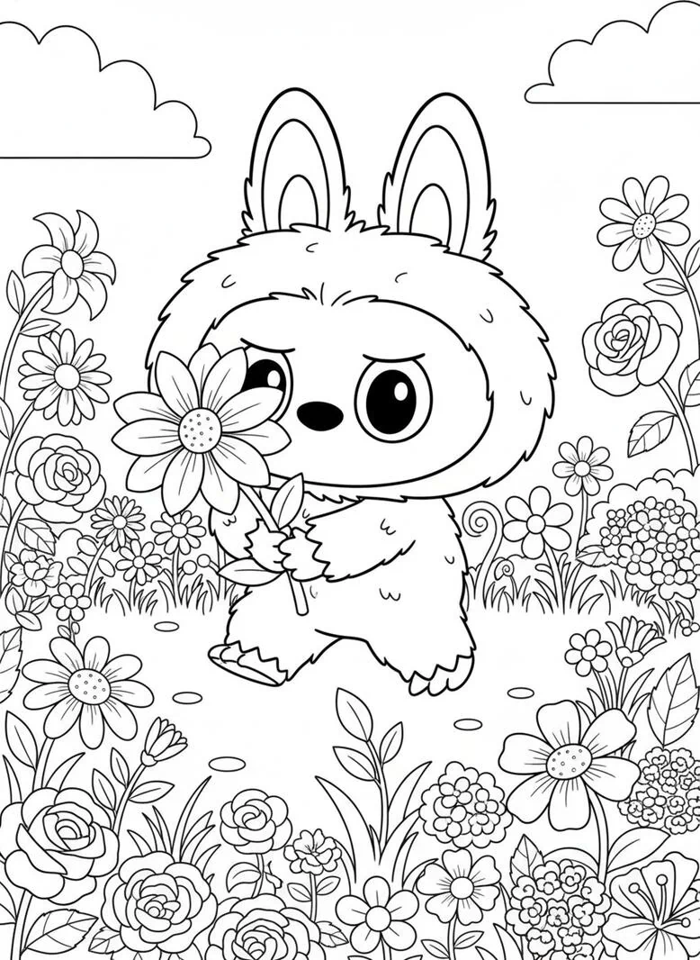 Labubu página para colorear de flores