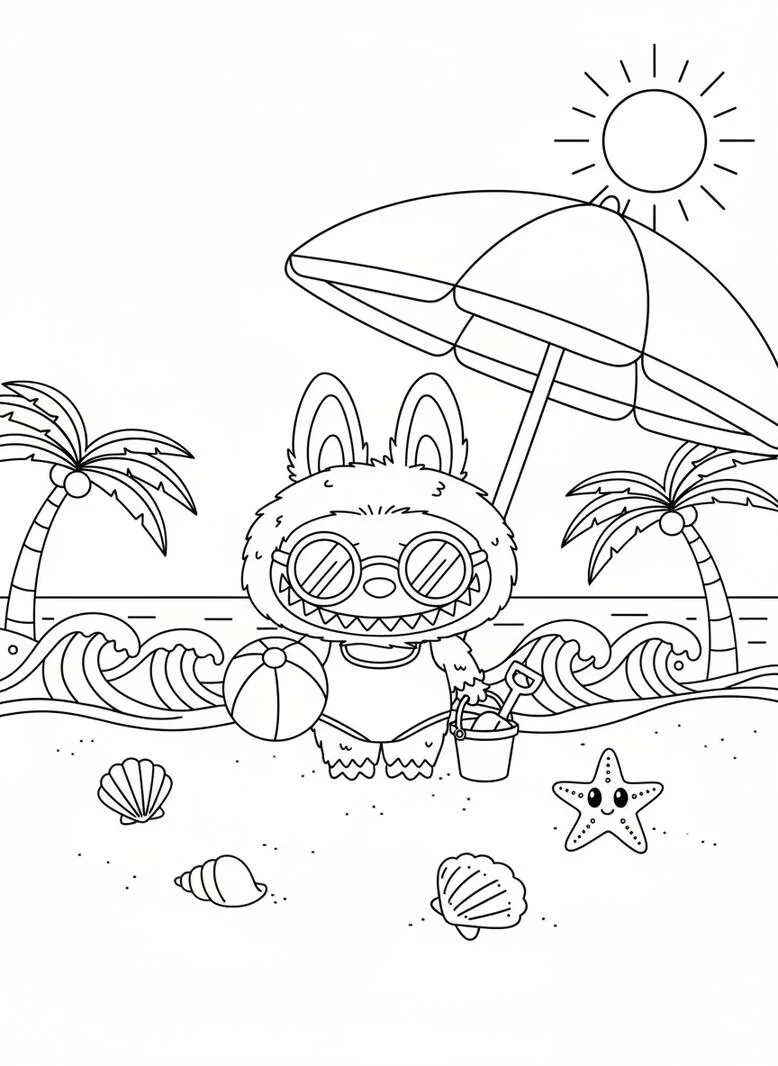 Labubu página para colorear playa