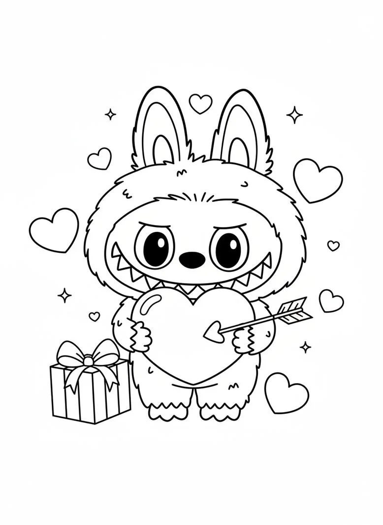 Labubu página para colorear de San Valentín
