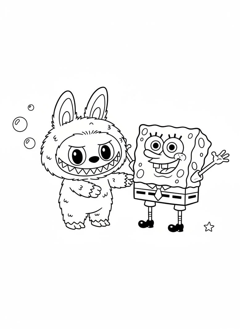 Dibujo para colorear de Labubu y bob esponja