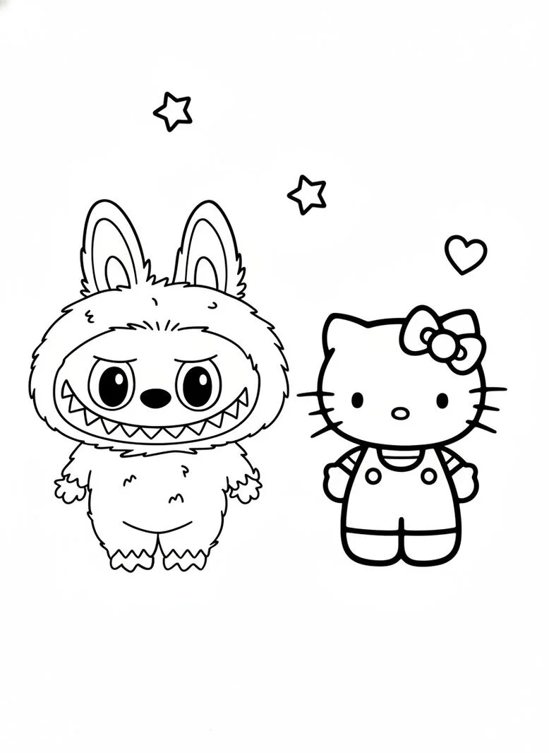 Dibujo para colorear de Labubu y hello kitty