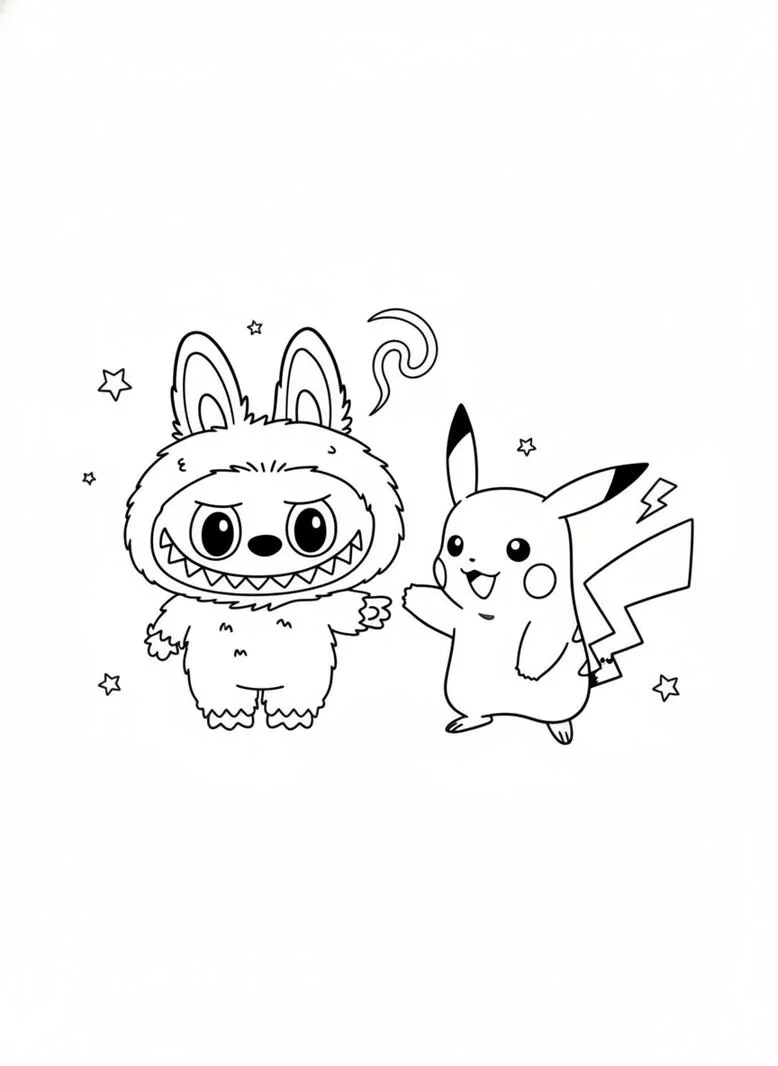 Dibujo para colorear de Labubu y pikachu