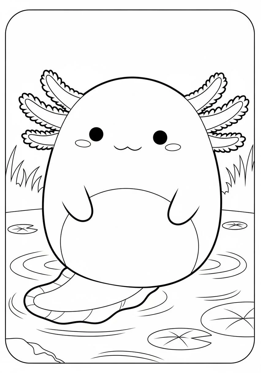Linda página para colorear del estanque de ajolotes de Squishmallow