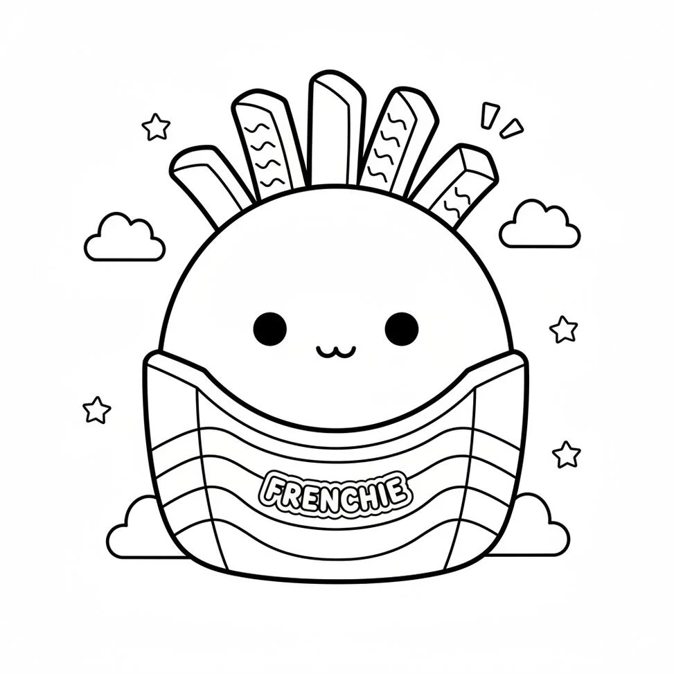 Linda página para colorear de Squishmallow con papas fritas