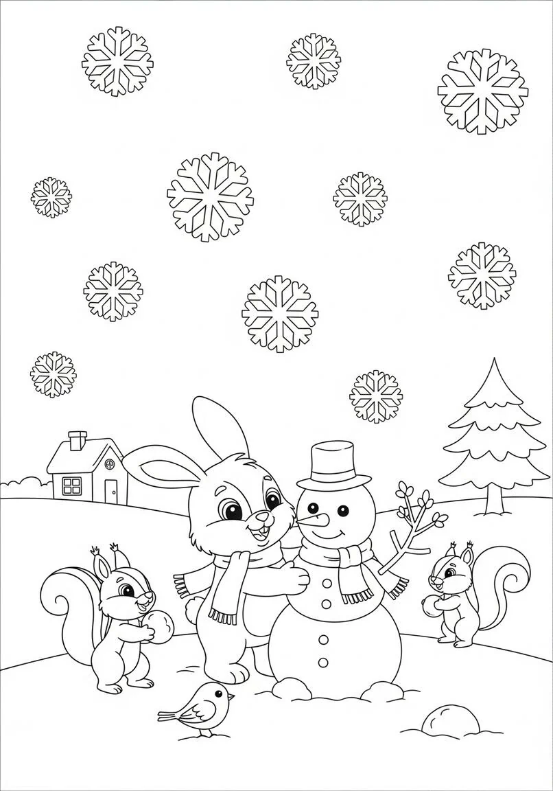 Lindo conejito construyendo muñeco de nieve con amigos del bosque Página para colorear de invierno