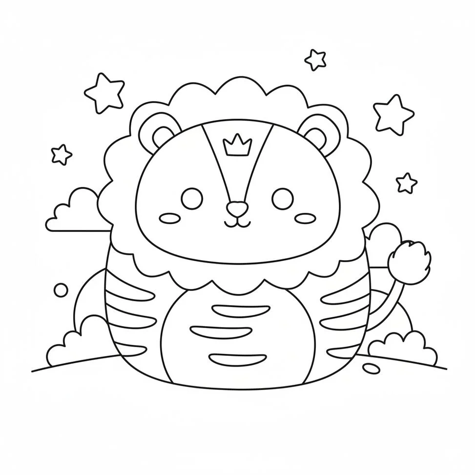Página para colorear lindo juguete de peluche de león Squishmallow