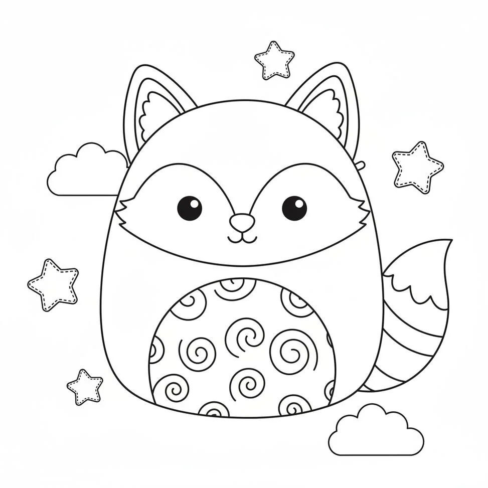 Página para colorear de lindo juguete de peluche Fox Squishmallow