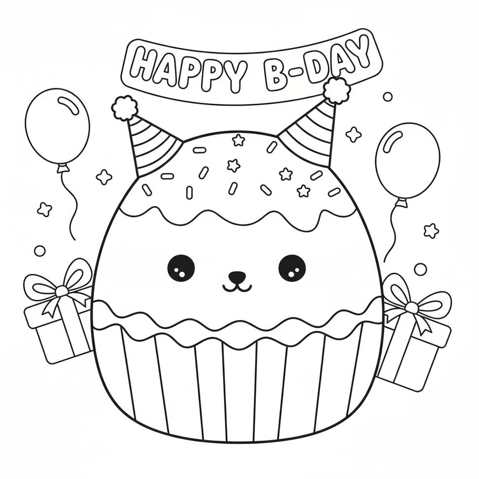 Linda página para colorear de feliz cumpleaños de Squishmallow