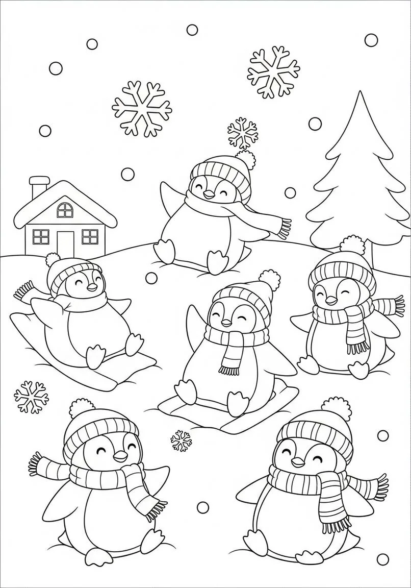 lindos pingüinos en un día de nieve para colorear