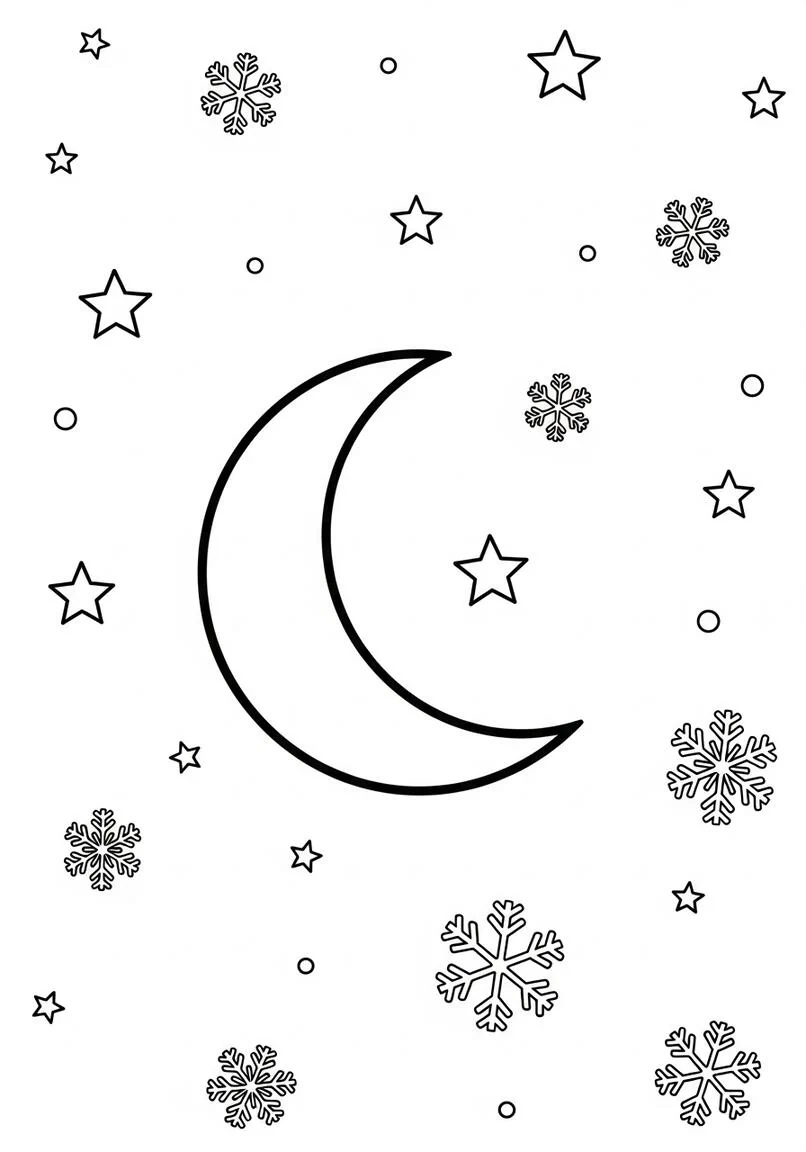 Página para colorear de noche de invierno con luna, estrellas y copos de nieve