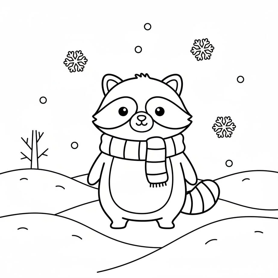 Página para colorear de mapache en la nieve de enero