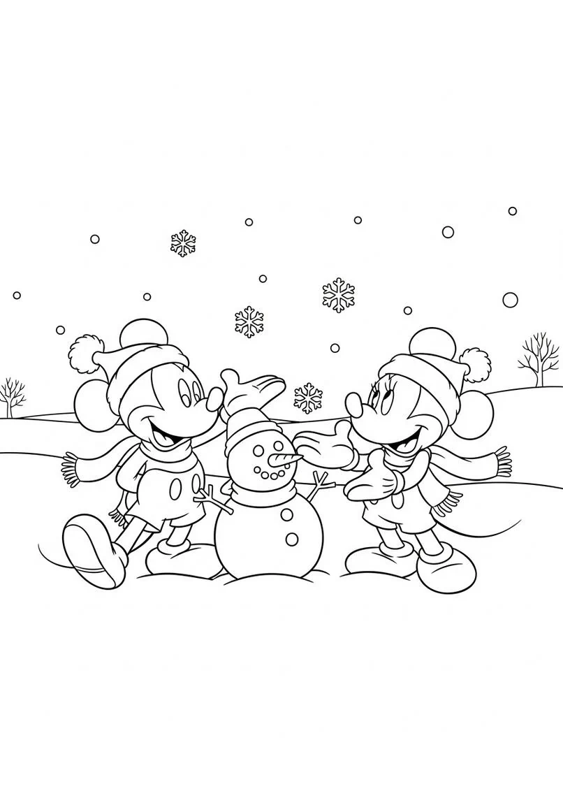 Divertida página para colorear de Mickey y Minnie Mouse en el día de nieve