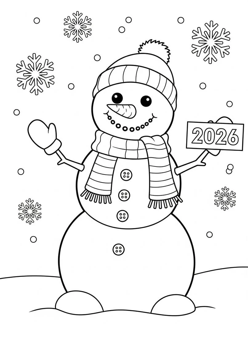 Muñeco de nieve alegre con pancarta de 2026 Página para colorear de invierno