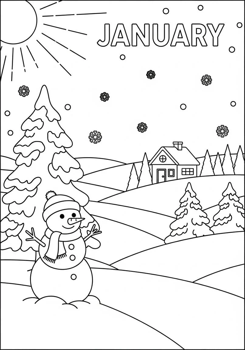 Página para colorear amigable muñeco de nieve y cabaña de invierno