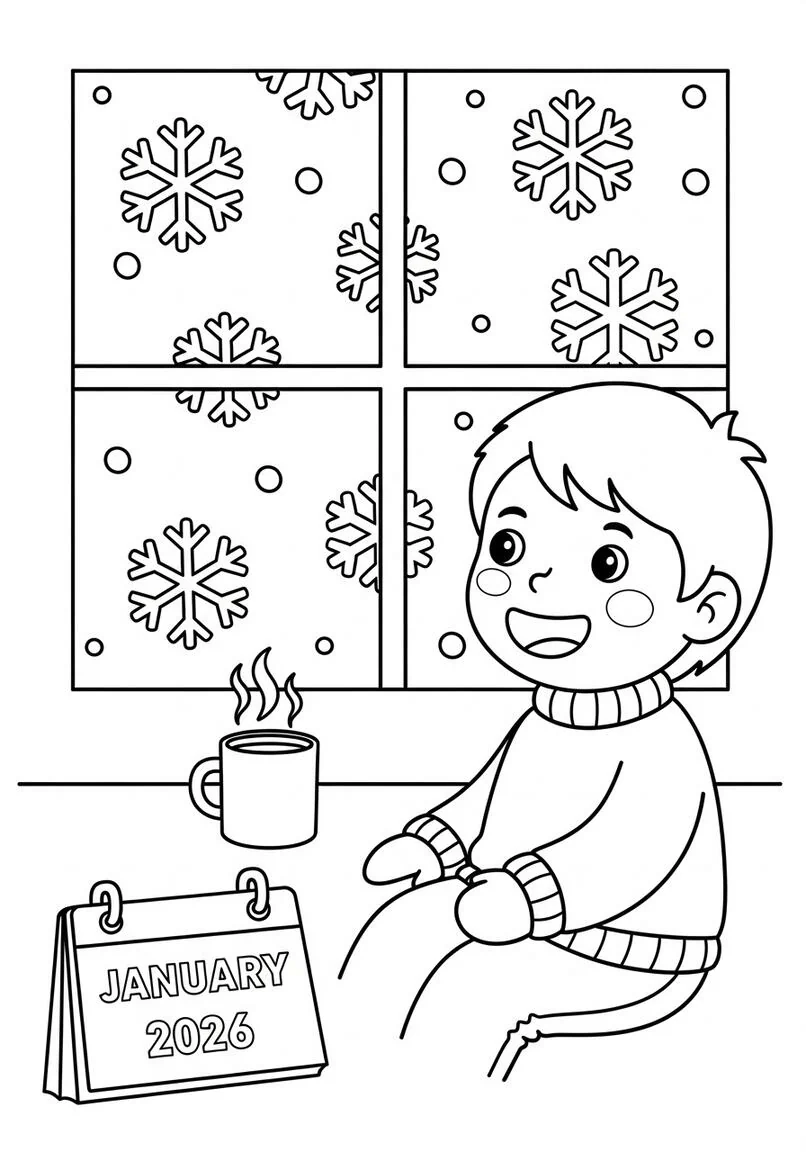 Niño acogedor viendo la nevada de enero Página para colorear
