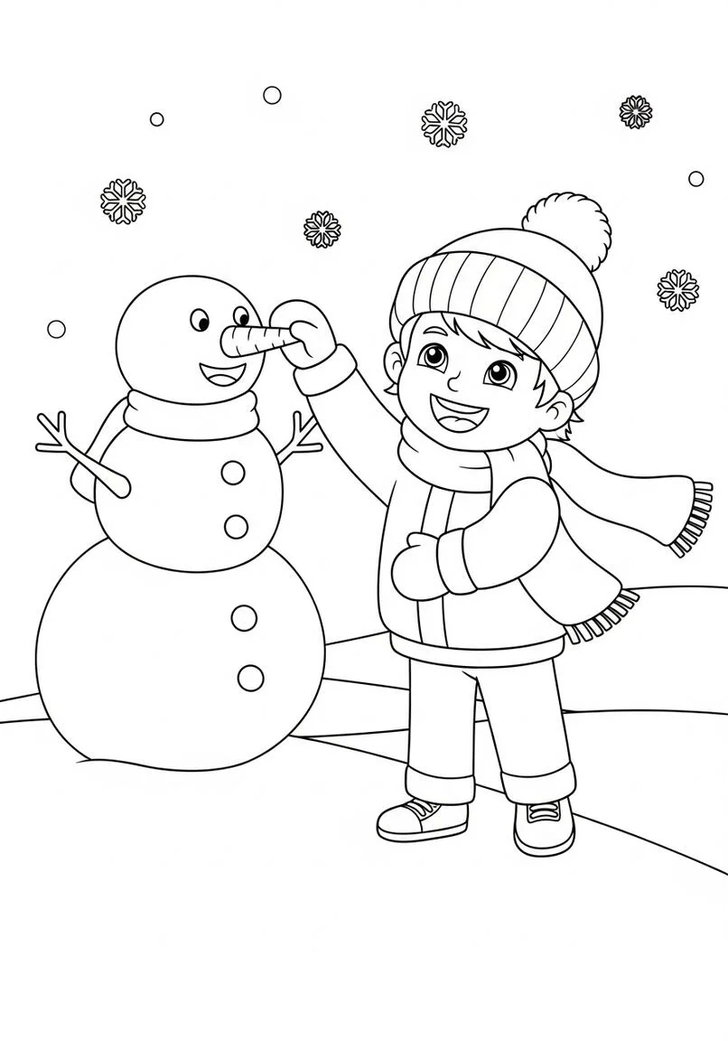 Página para colorear de niño alegre y muñeco de nieve con nariz de zanahoria