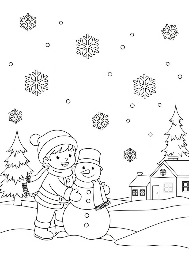 Página para colorear del niño ayudante de Papá Noel construyendo un muñeco de nieve en el día de la nieve