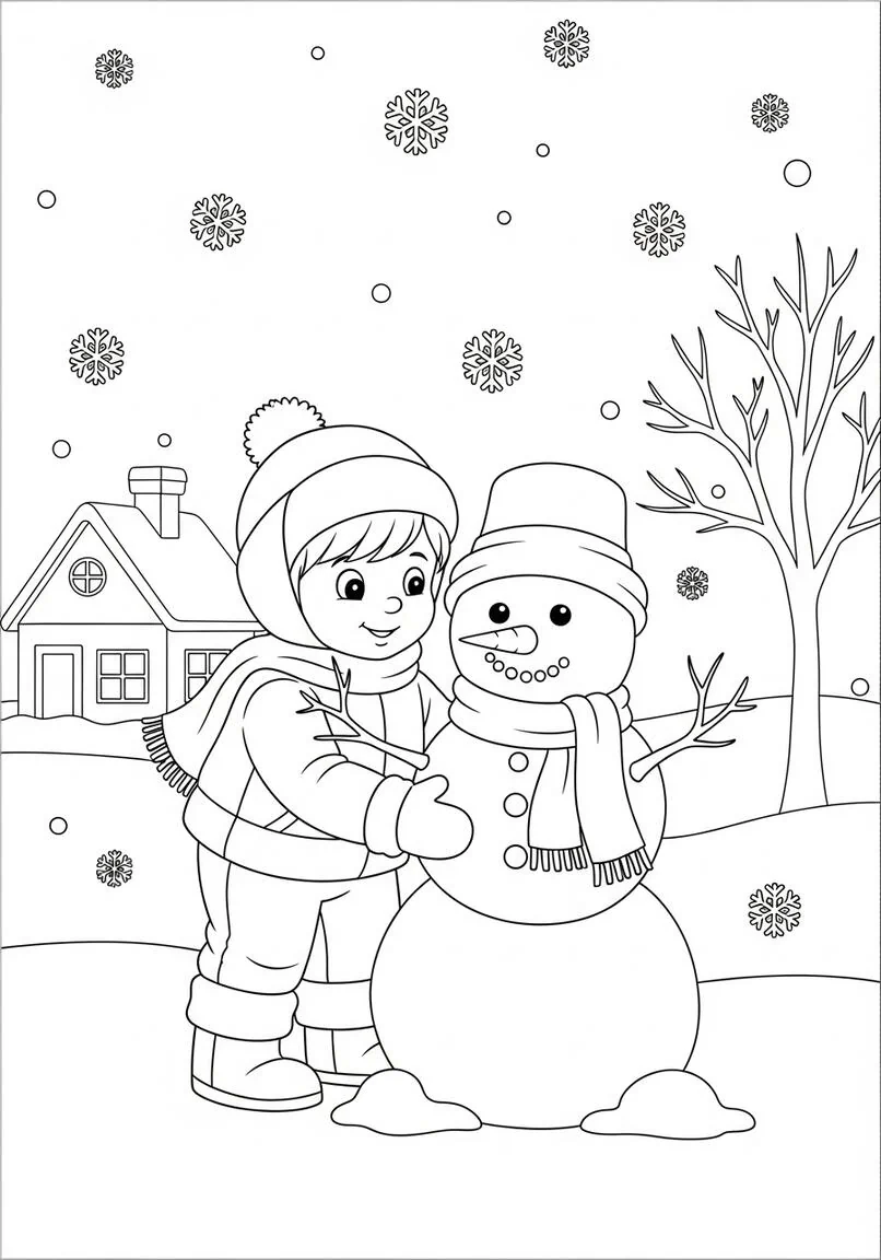 página para colorear de niños construyendo un muñeco de nieve