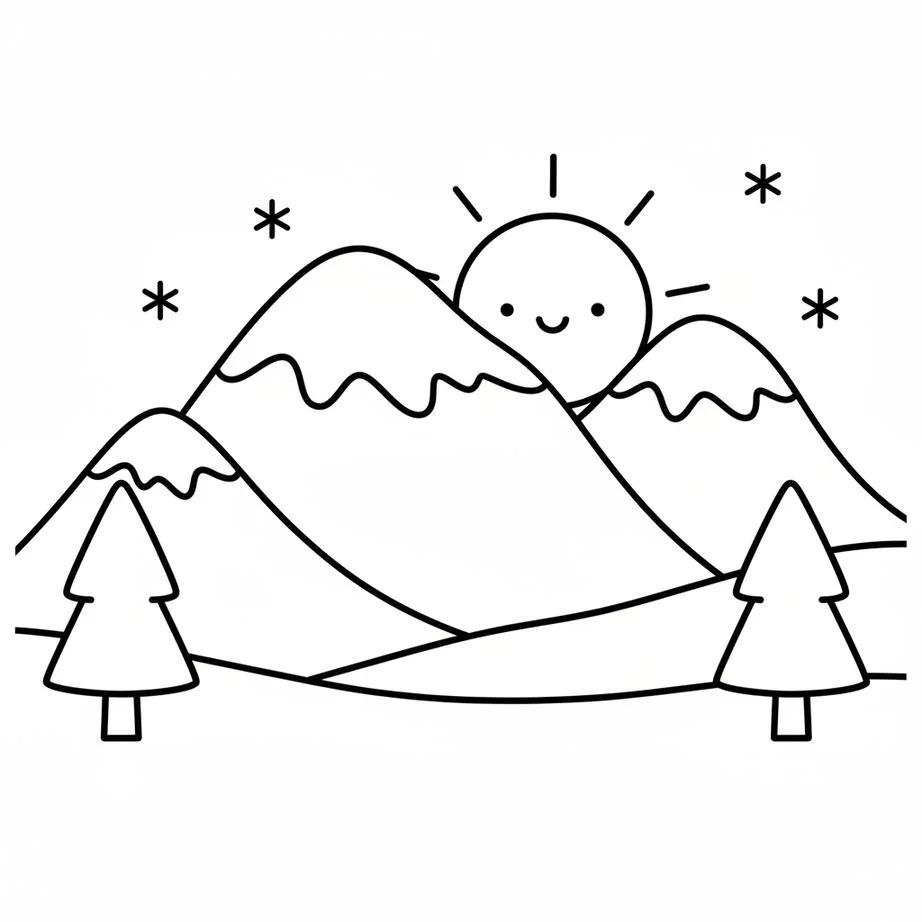 Página para colorear del paisaje de montaña de enero