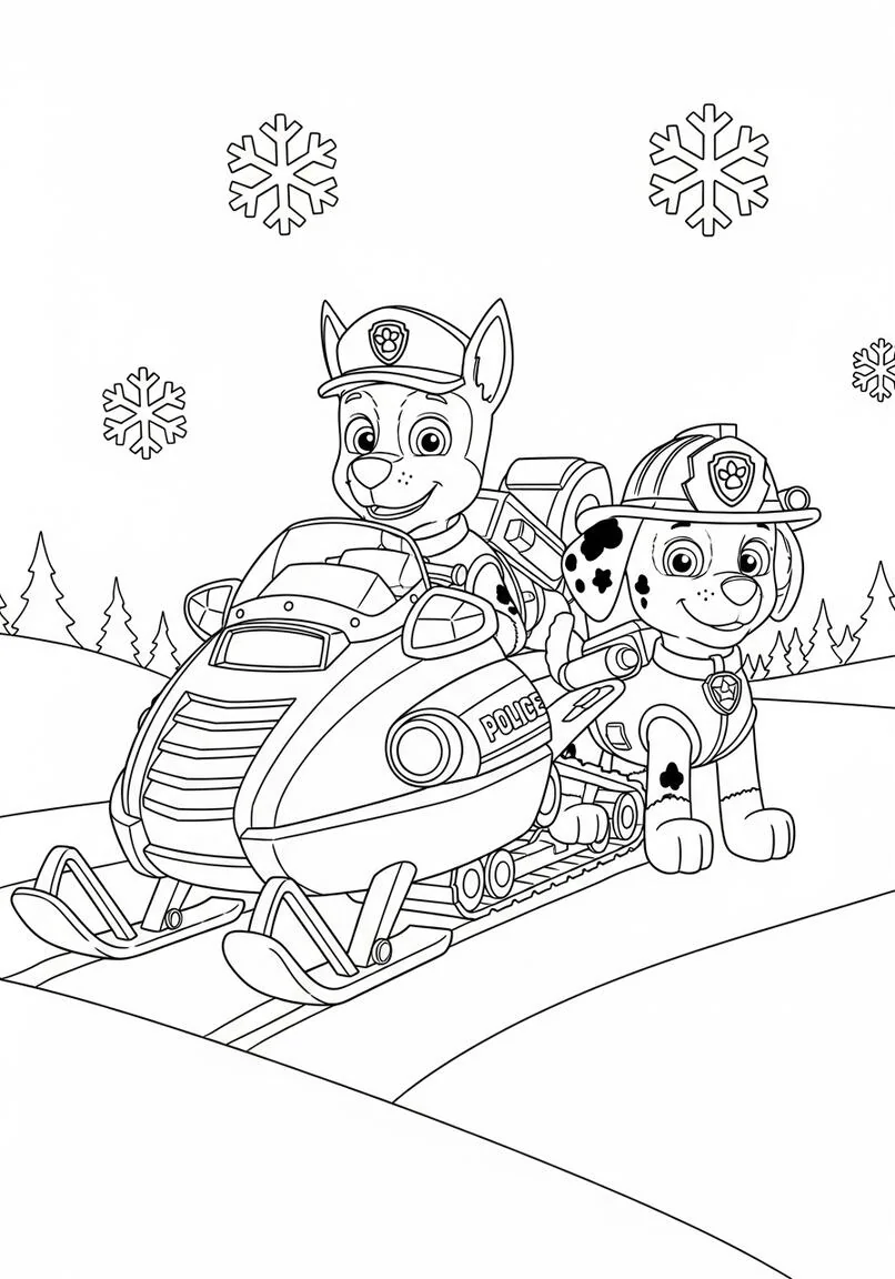 Página para colorear en moto de nieve de Paw Patrol Chase y Marshall Winter Rescue