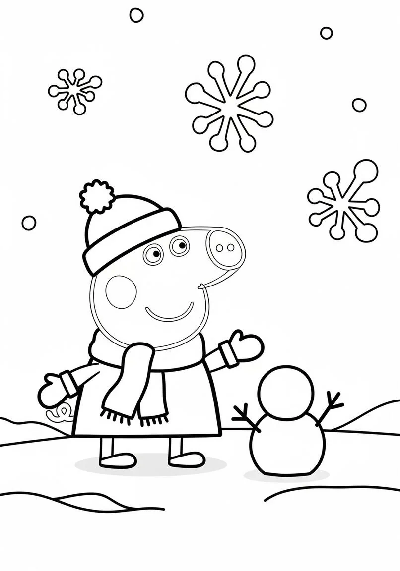 Peppa Pig Feliz Día de la Nieve Diversión de Invierno Página para colorear