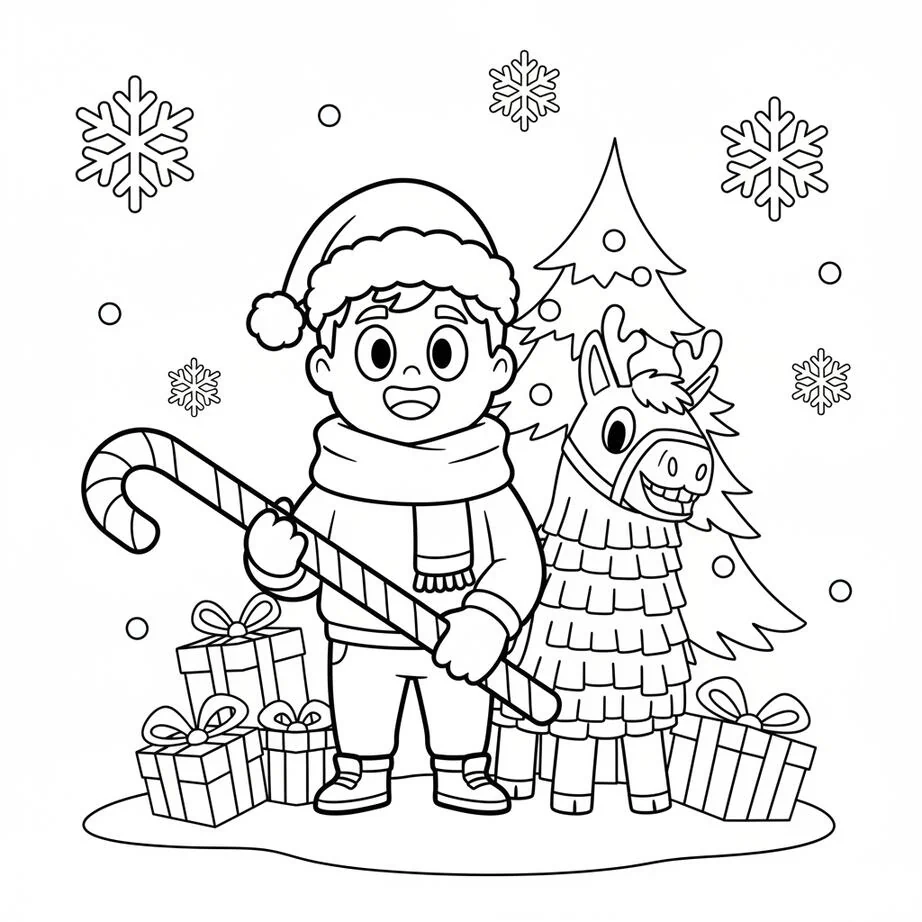 Página para colorear de celebración de llamas y personajes navideños de Fortnite