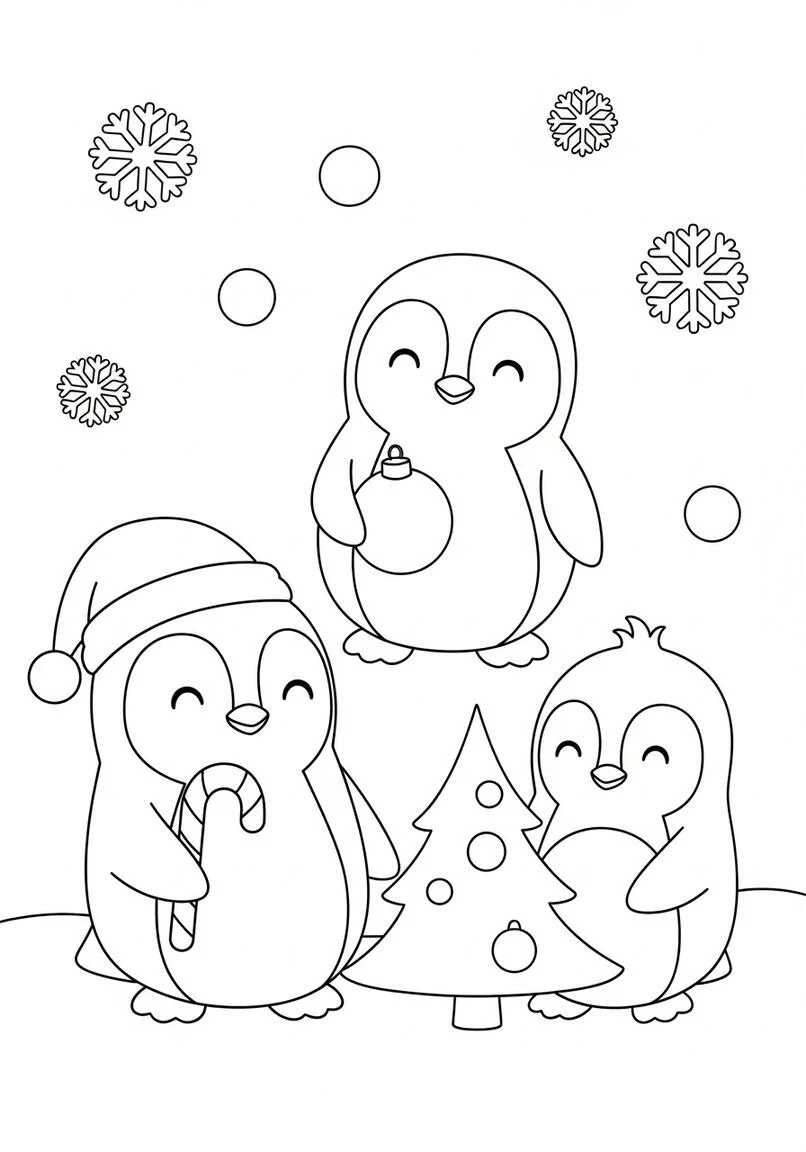 Página para colorear de adorno navideño de gorro de Papá Noel de pingüinos gruesos