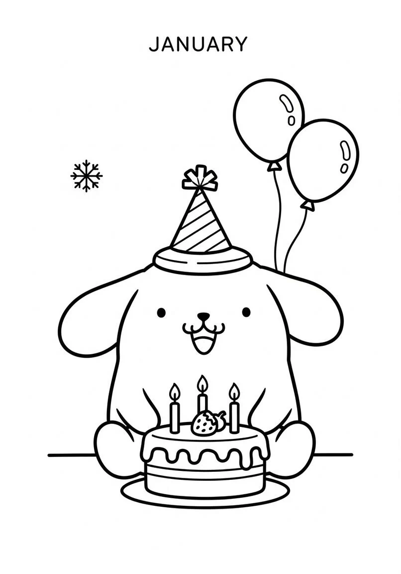 Página para colorear de pastel de feliz cumpleaños y gorro de fiesta de Pompompurin