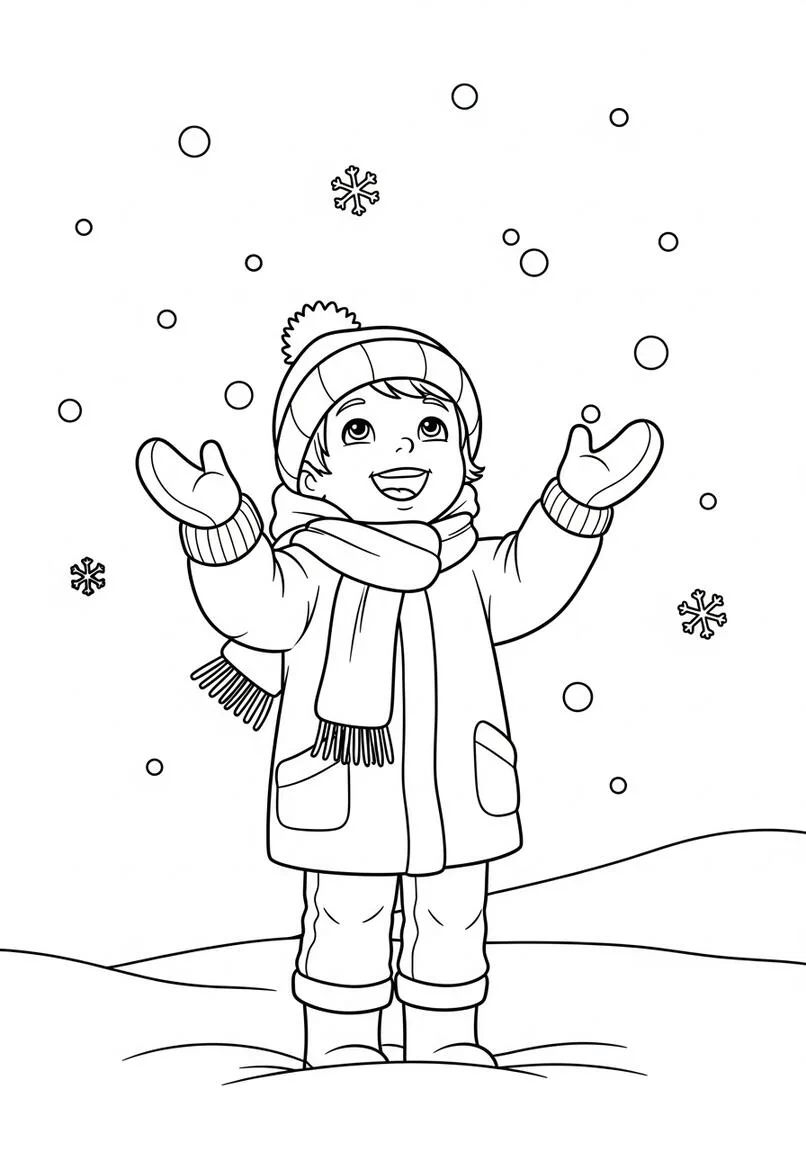 Página para colorear del primer día de nieve del niño feliz atrapando copos de nieve