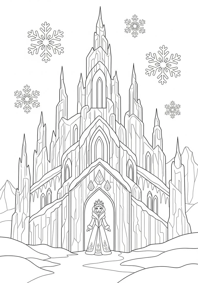 Página para colorear del Palacio de Hielo Invernal de la Reina de las Nieves