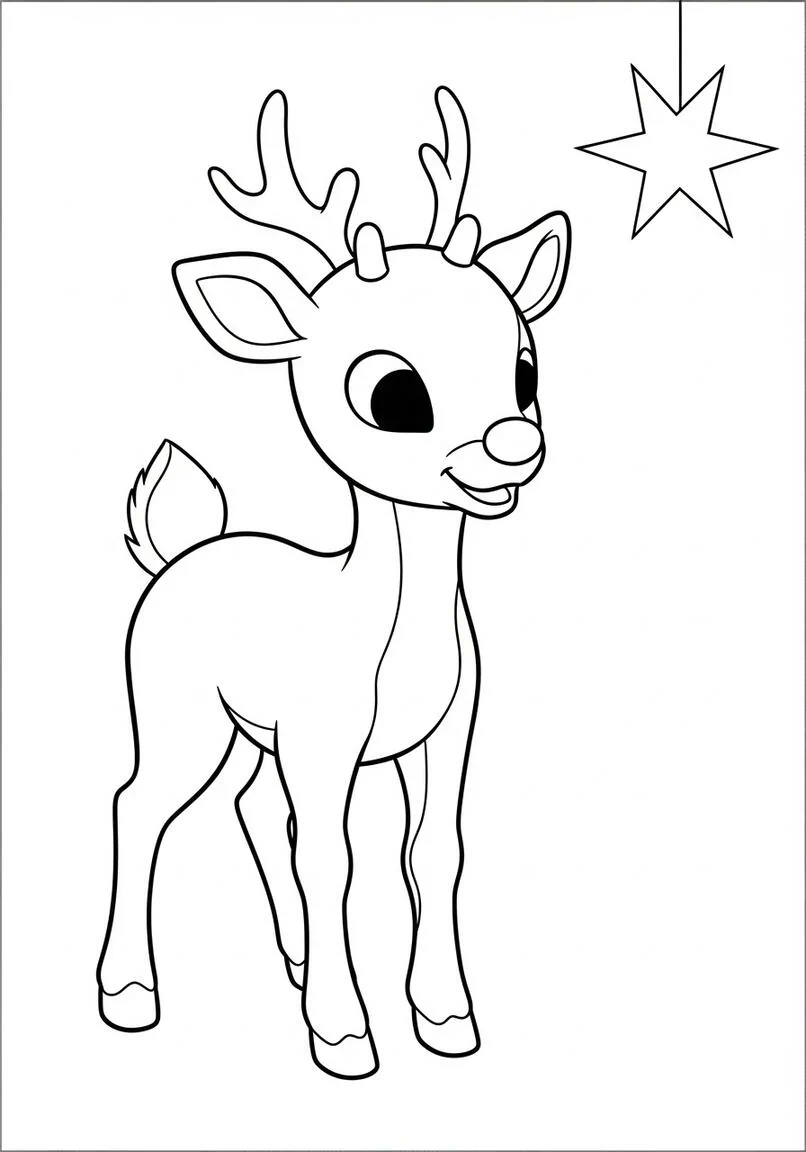 Página sencilla para colorear navideña de Rudolph, el reno de nariz roja
