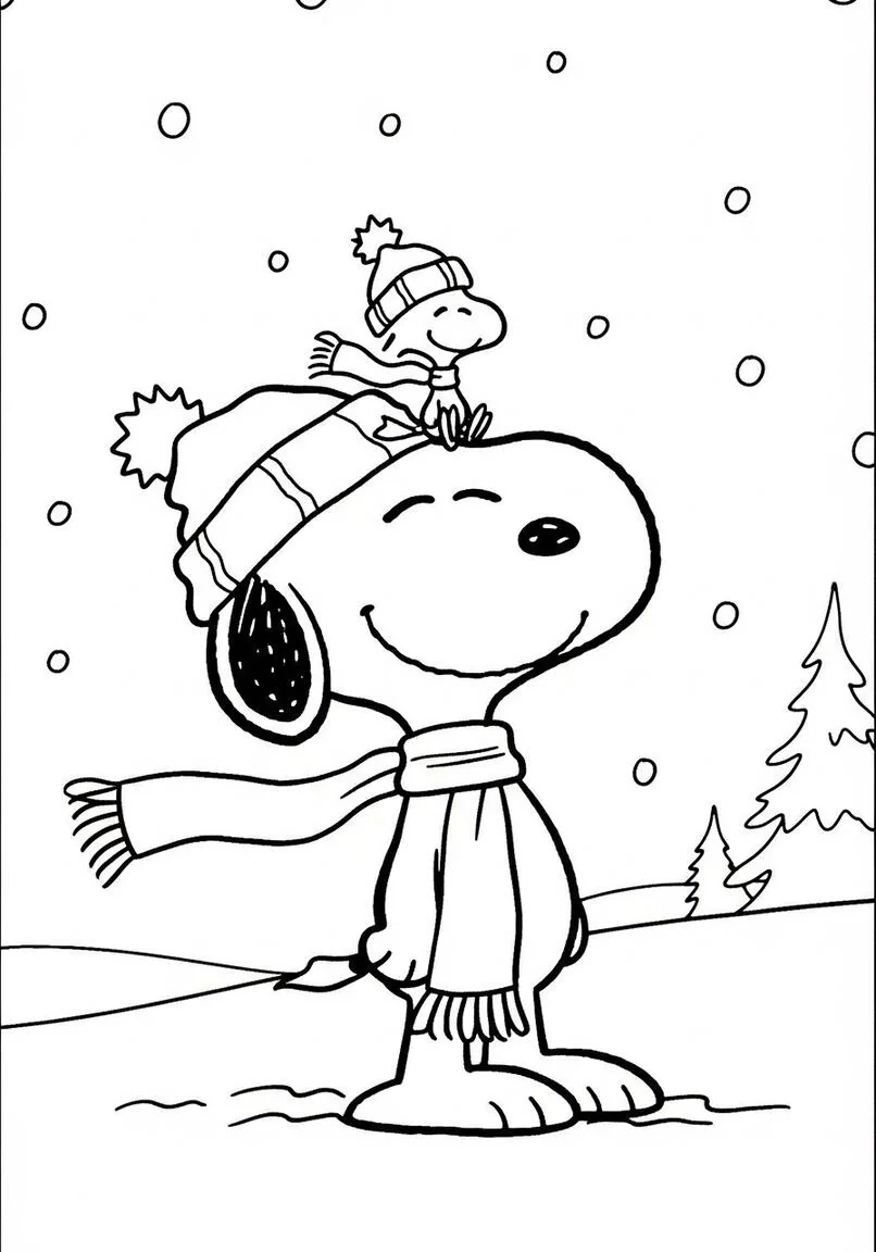 Página para colorear divertida de Snoopy y Woodstock en la nieve invernal