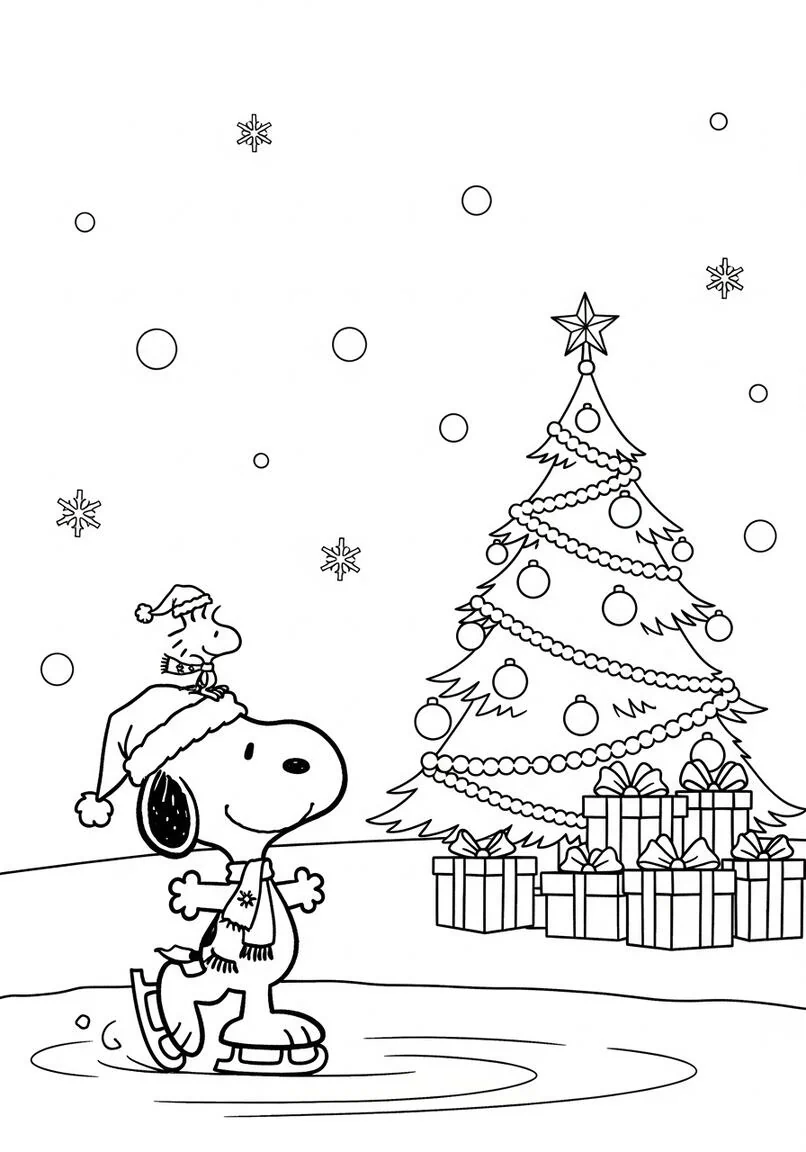 Página para colorear de patinaje sobre hielo navideño de Snoopy y Woodstock