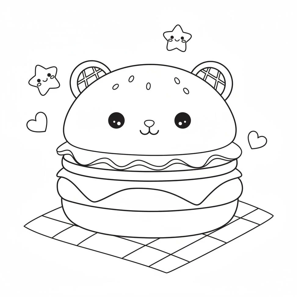 Página para colorear de hamburguesa y Squishmallow