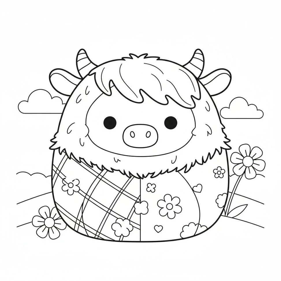 Página para colorear de vaca de las tierras altas de Squishmallow