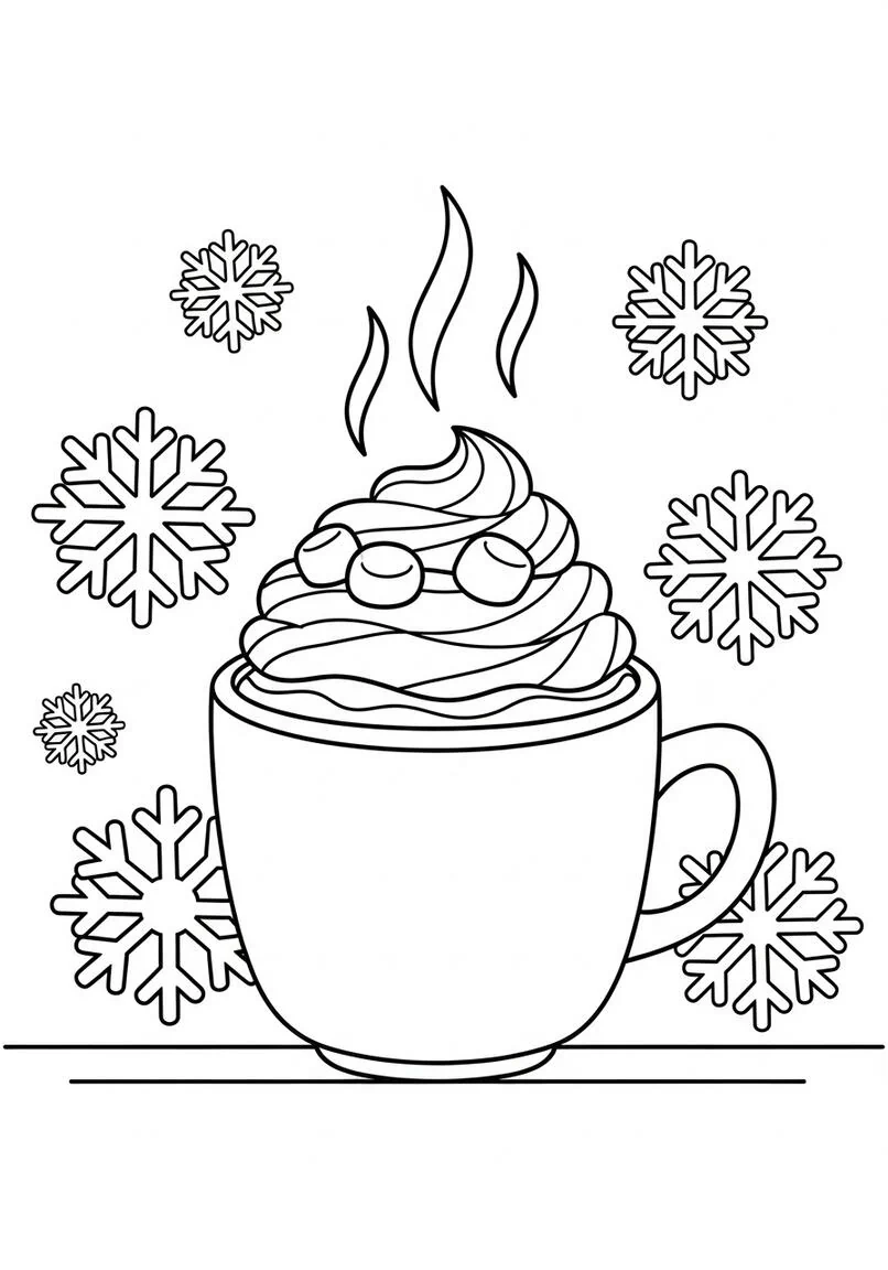 Taza de chocolate caliente con crema batida y copos de nieve