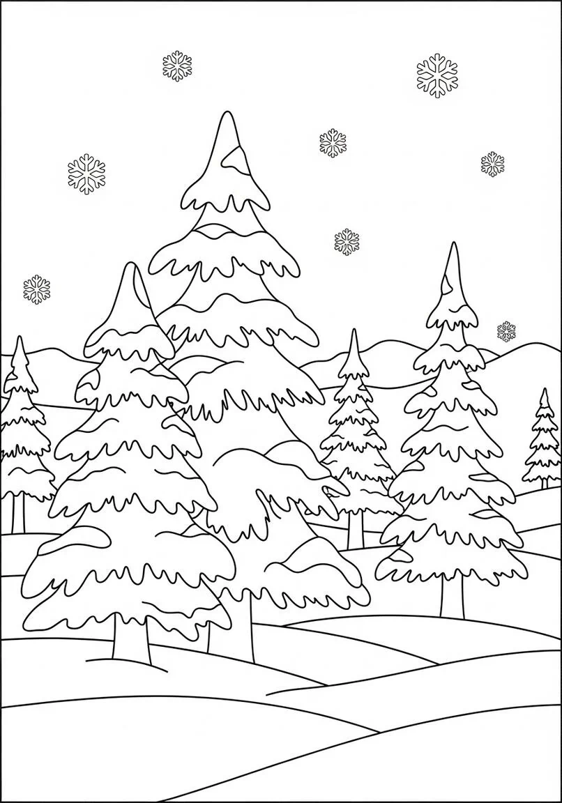 Página para colorear del pacífico bosque de pinos nevados