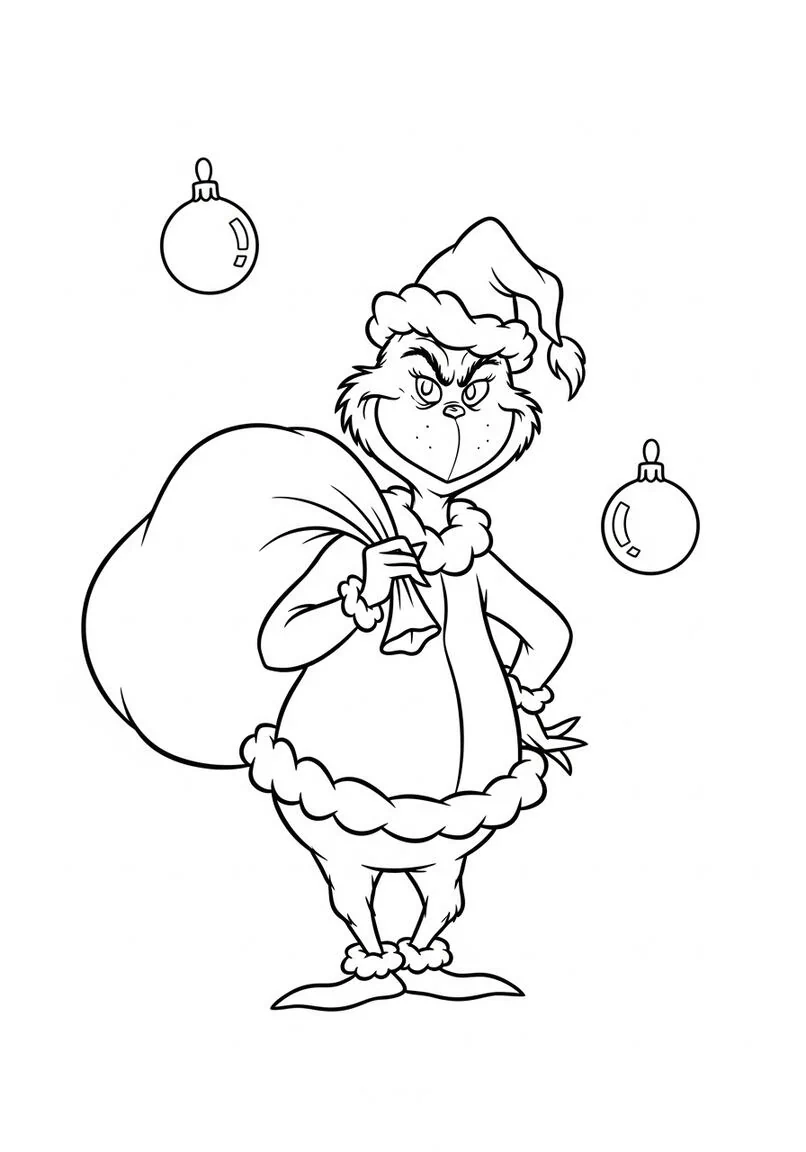 Página para colorear del travieso Grinch Santa con saco de regalo