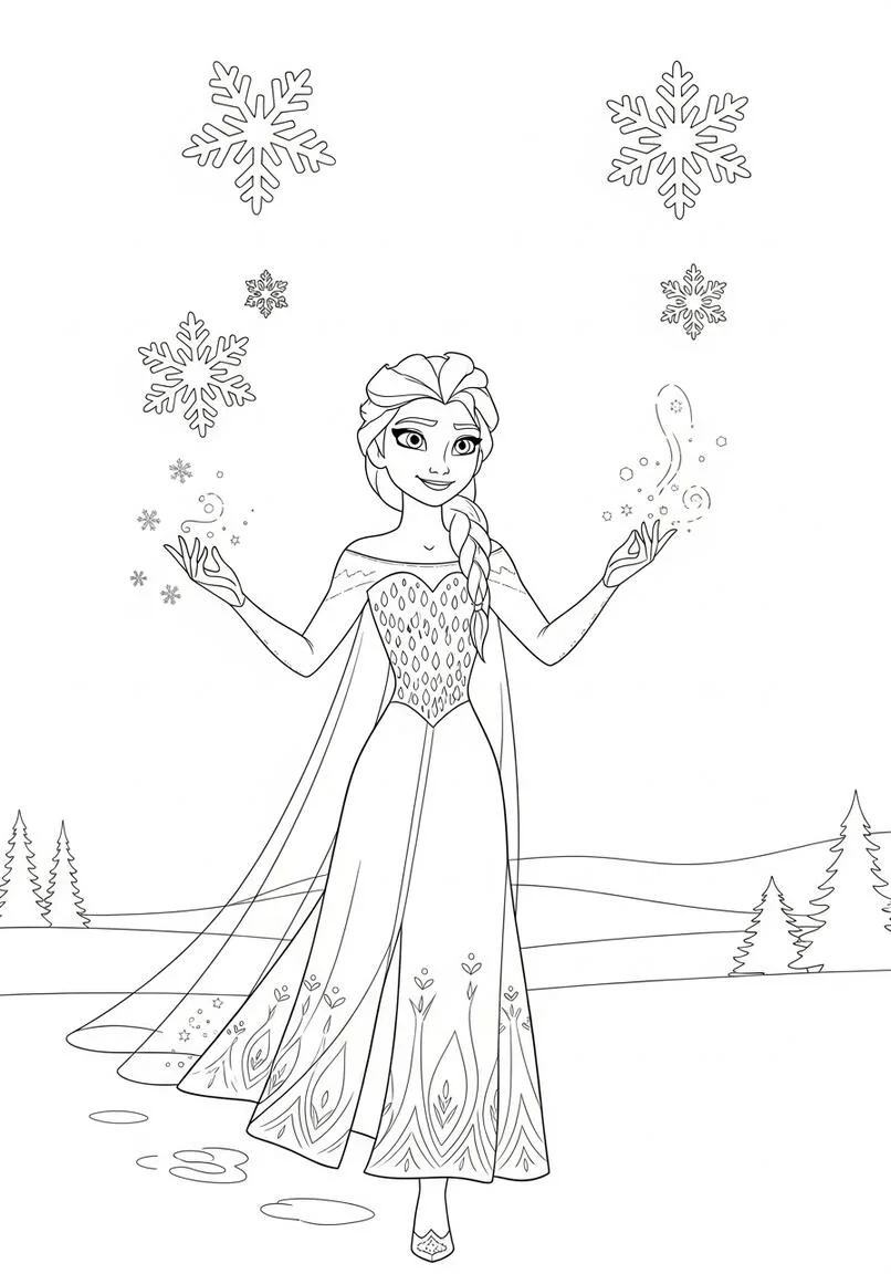 Página para colorear vestido de hielo de la reina Elsa Snowy Adventure