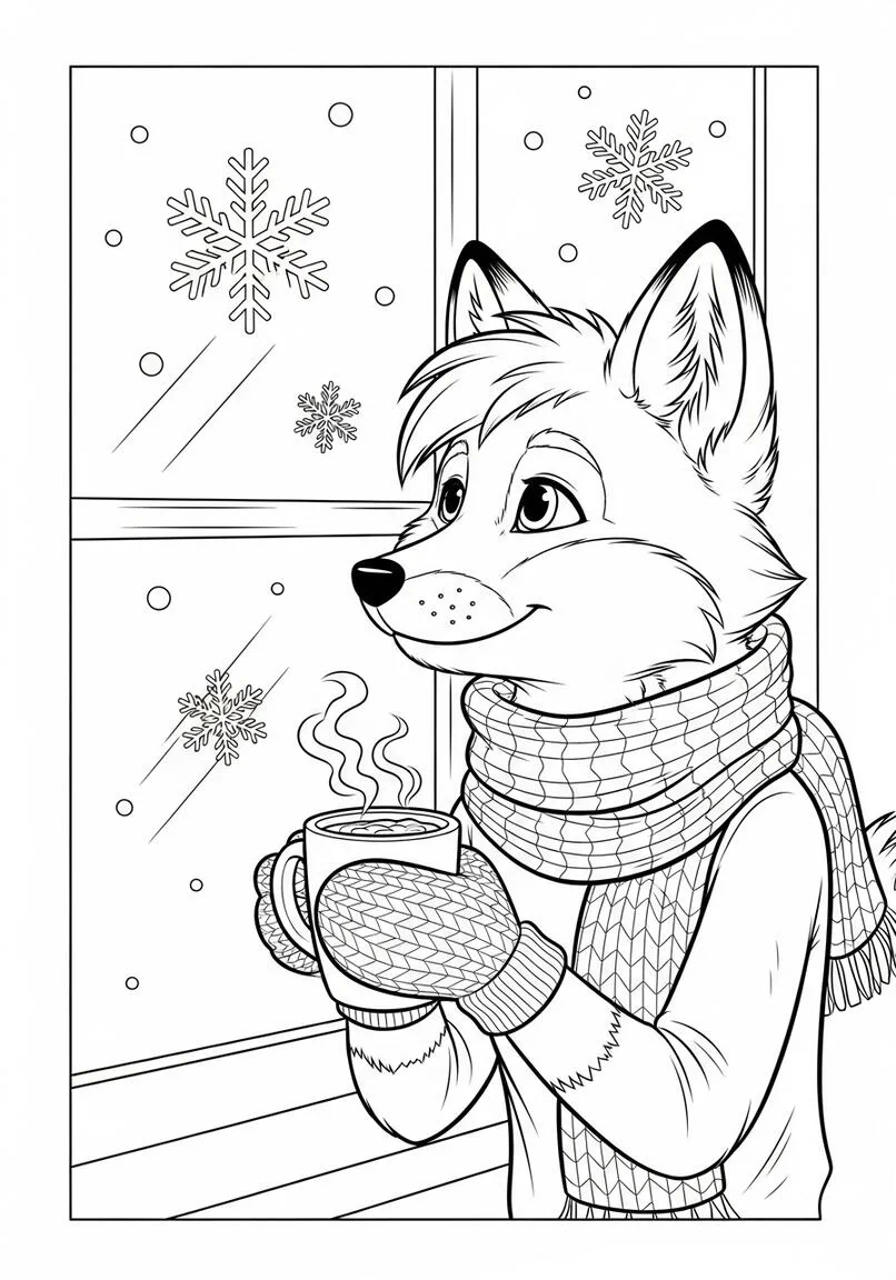 Página para colorear de Zorro alegre con chocolate caliente y copos de nieve